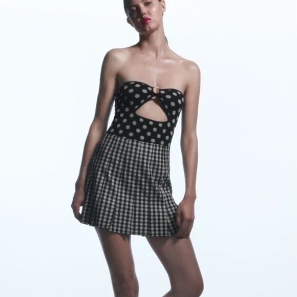 NWOT Zara black & white polka dot print ribbed bodysuit w/ ring accent & cut out - Picture 3 of 12